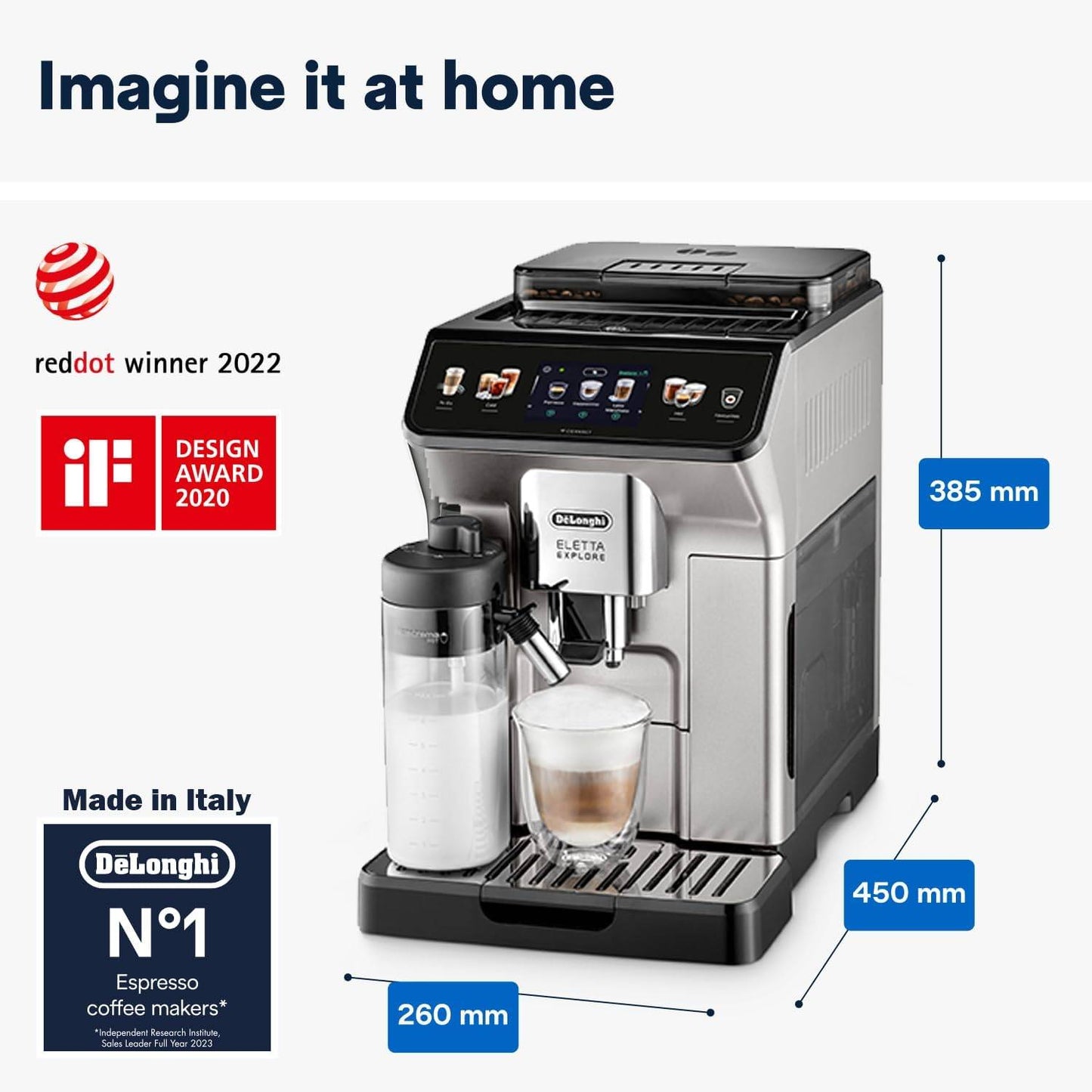 De'Longhi Eletta Explore Coffee Maker Bean To Cup Espresso Machine, +50 Hot & Cold Drinks , 1450 Watt - ECAM450.86.T