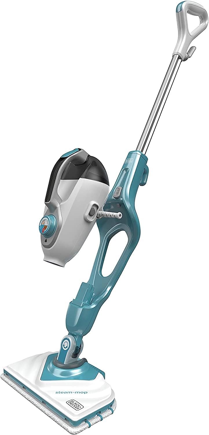 Black & Decker 2-in-1 Steam-Mop with Delta Head, SteaMitt and 11 Accessories, 1600W, White/Aqua - BHSM166DSM-GB
