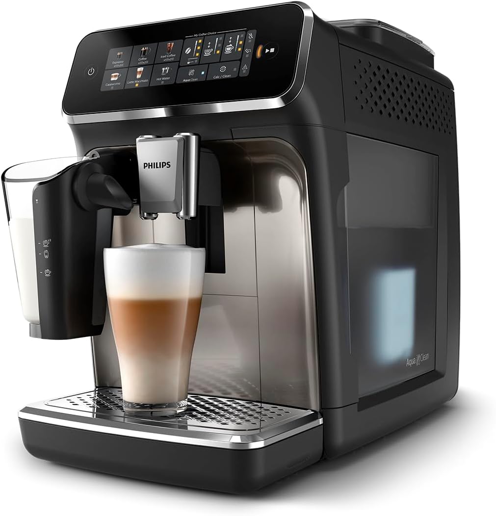 Philips 3300 Series Fully Automatic Coffee Machine - 6 Drinks, Modern Colour Touch Screen Display, LatteGo Milk System, SilentBrew, 100% Ceramic Grinder, AquaClean Filter, Black Chrome (EP3347/90)
