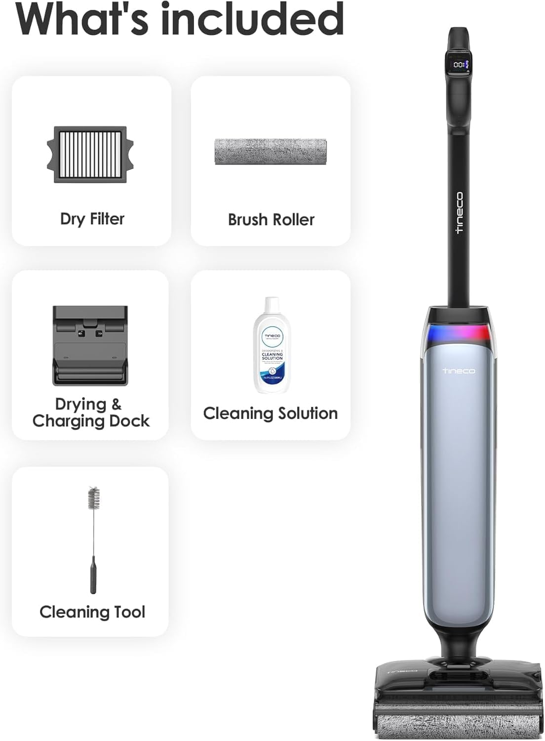 Tineco Floor One S9 Artist Dry and Wet Vacuum Cleaners, 22 kPa, SmartDrive 360°, Anti-Tangle, Self-Cleaning, Working Time 50 min, Two-Edge Cleaning, 180°-Lay-Flat, 85℃ Flashdry