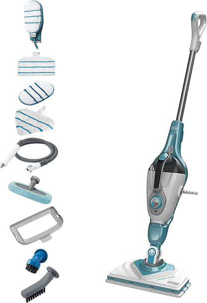 Black & Decker 2-in-1 Steam-Mop with Delta Head, SteaMitt and 11 Accessories, 1600W, White/Aqua - BHSM166DSM-GB