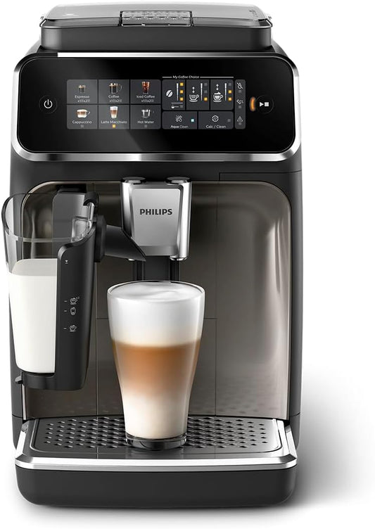 Philips 3300 Series Fully Automatic Coffee Machine - 6 Drinks, Modern Colour Touch Screen Display, LatteGo Milk System, SilentBrew, 100% Ceramic Grinder, AquaClean Filter, Black Chrome (EP3347/90)