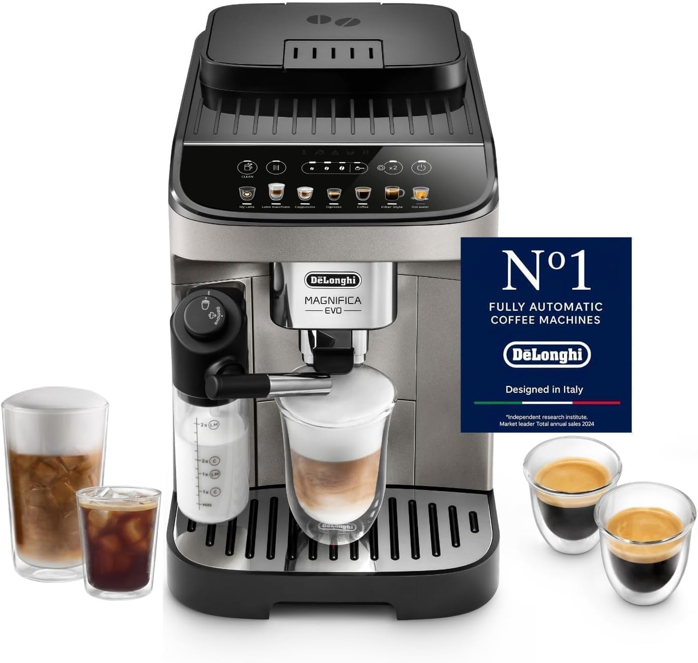 Delonghi- Magnifica EVO Bean to Cup Fully Automatic Coffee Machine, Traditional Milk Frother, Built In Grinder, ECAM290.81.TB, Titanium & Black,