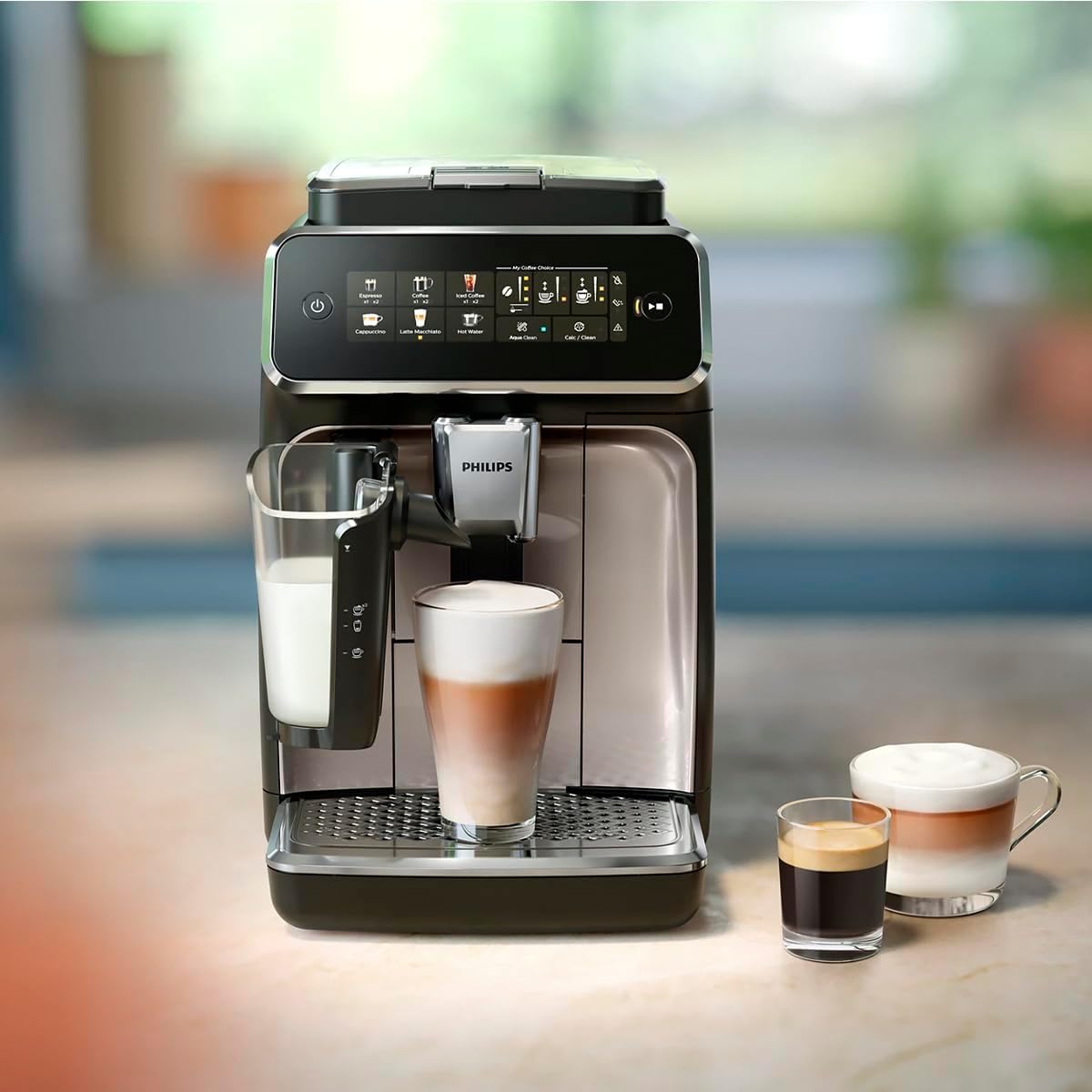 Philips 3300 Series Fully Automatic Coffee Machine - 6 Drinks, Modern Colour Touch Screen Display, LatteGo Milk System, SilentBrew, 100% Ceramic Grinder, AquaClean Filter, Black Chrome (EP3347/90)