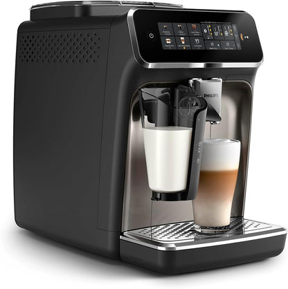 Philips 3300 Series Fully Automatic Coffee Machine - 6 Drinks, Modern Colour Touch Screen Display, LatteGo Milk System, SilentBrew, 100% Ceramic Grinder, AquaClean Filter, Black Chrome (EP3347/90)