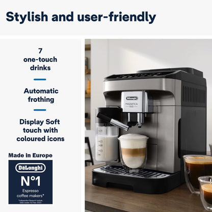 Delonghi- Magnifica EVO Bean to Cup Fully Automatic Coffee Machine, Traditional Milk Frother, Built In Grinder, ECAM290.81.TB, Titanium & Black,