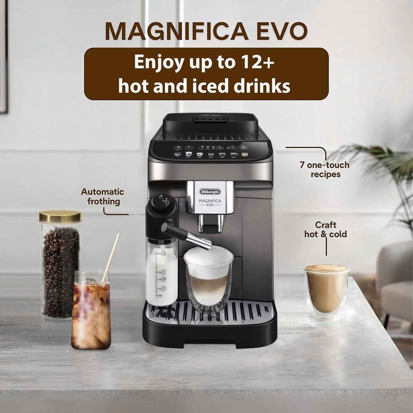 Delonghi- Magnifica EVO Bean to Cup Fully Automatic Coffee Machine, Traditional Milk Frother, Built In Grinder, ECAM290.81.TB, Titanium & Black,