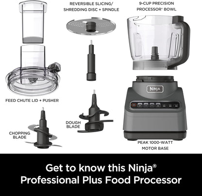 Ninja Food Processor, Professional Plus, 1000 Peak Watts, 4 Functions for Chopping, Slicing, Purees & Dough with 9-Cup Processor Bowl, 3 Blades, Food Chute & Pusher, Silver, BN601