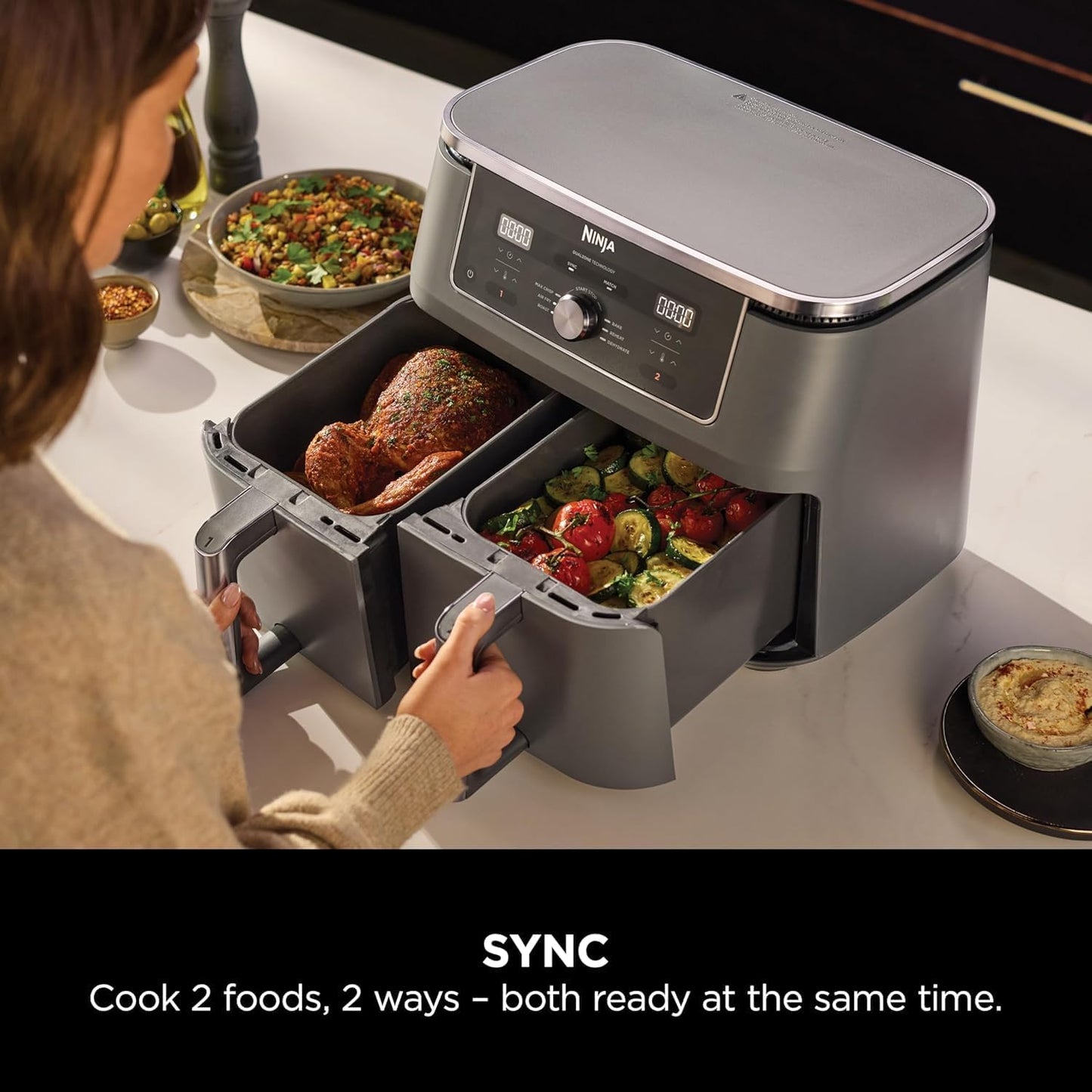 Ninja MAX Digital Airfryer Dual Zone 2 Drawer, 2470 Watts, 9.5 Liters, Gray – DZ400