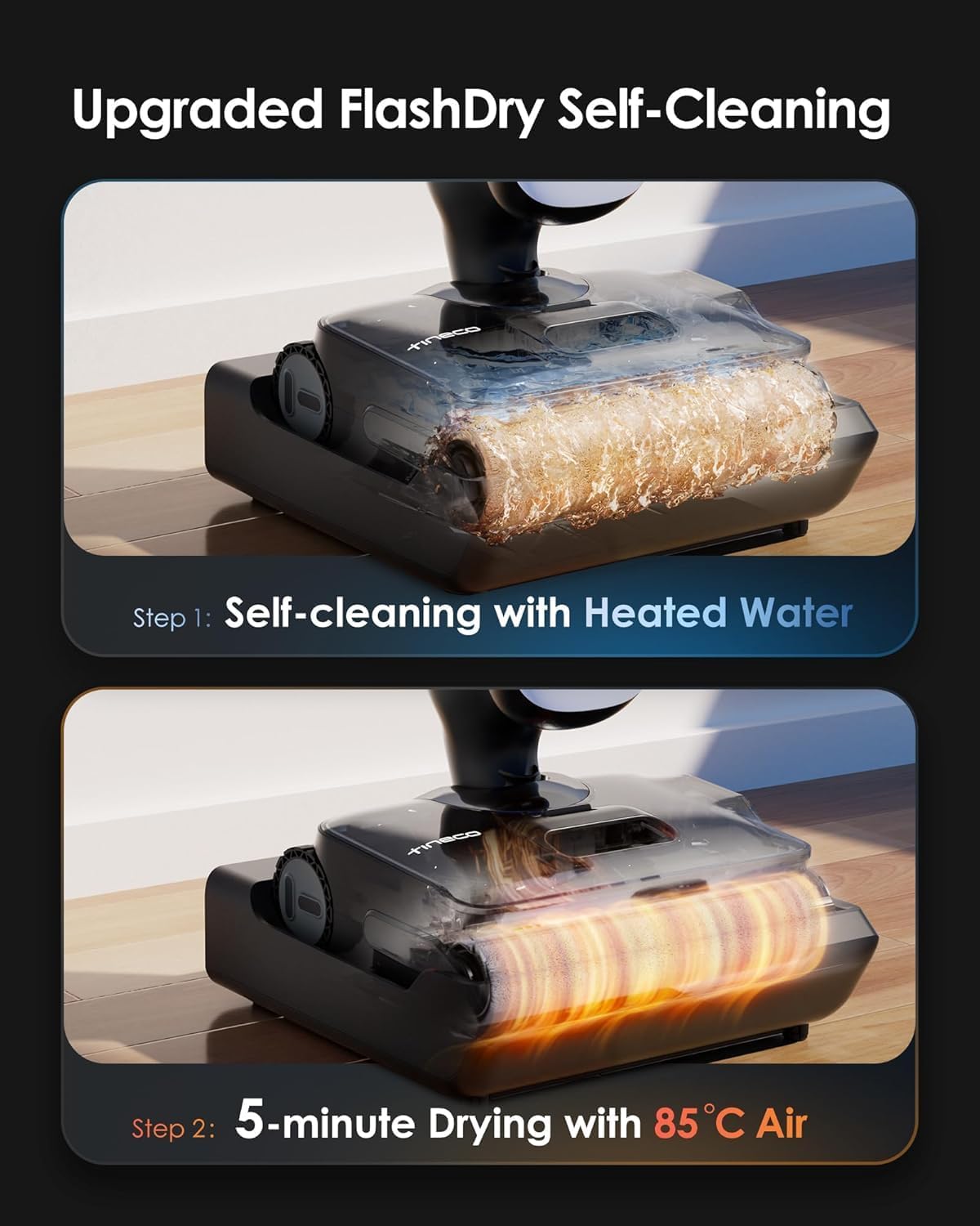 Tineco Floor One S9 Artist Dry and Wet Vacuum Cleaners, 22 kPa, SmartDrive 360°, Anti-Tangle, Self-Cleaning, Working Time 50 min, Two-Edge Cleaning, 180°-Lay-Flat, 85℃ Flashdry