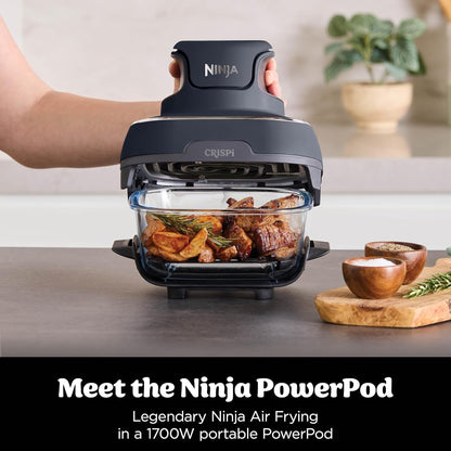Ninja CRISPi Portable Air Fryer, 3.8L & 1.4L, 4 in 1, Air Fry, Roast, Keep Warm, Recrisp, Space Saving, Compact Design, 2 Removable Glass Containers and Lids, 1700W,