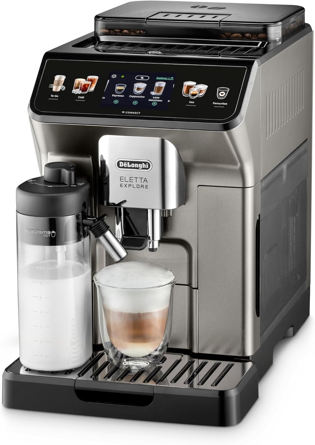 De'Longhi Eletta Explore Coffee Maker Bean To Cup Espresso Machine, +50 Hot & Cold Drinks , 1450 Watt - ECAM450.86.T
