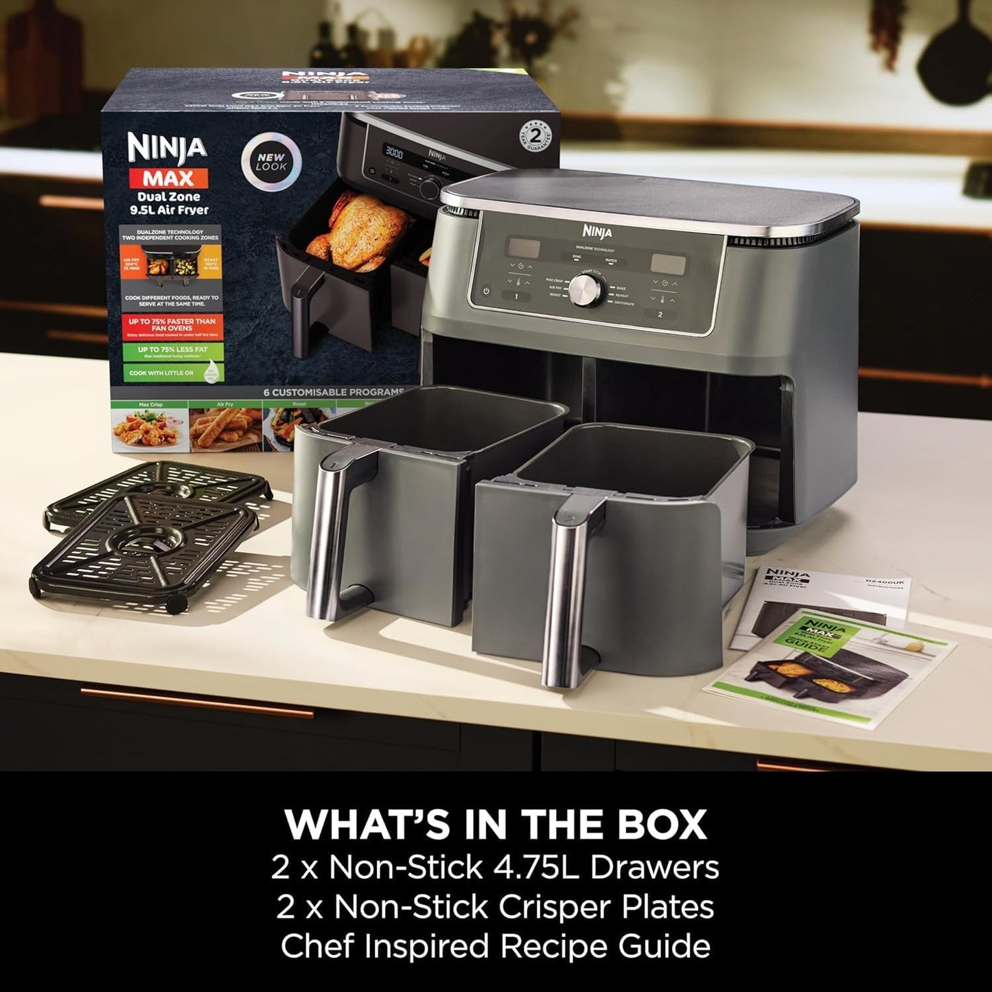 Ninja MAX Digital Airfryer Dual Zone 2 Drawer, 2470 Watts, 9.5 Liters, Gray – DZ400