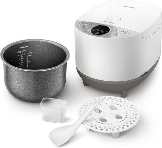 Philips Digital Rice Cooker - Smart 3D Heating, 10 Preset Programs, Multifucntion, Automatic Keep Warm Function, 1.8 L 940 W HD4515/55 White