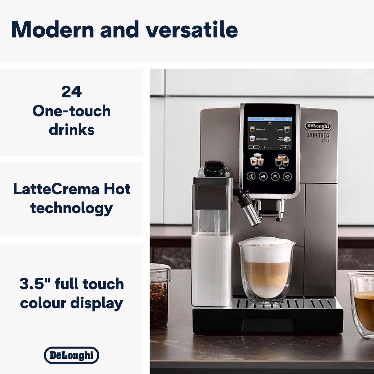 De'Longhi Dinamica Plus Bean To Cup Espresso Machine - 18 Drinks ECAM380 85 SB