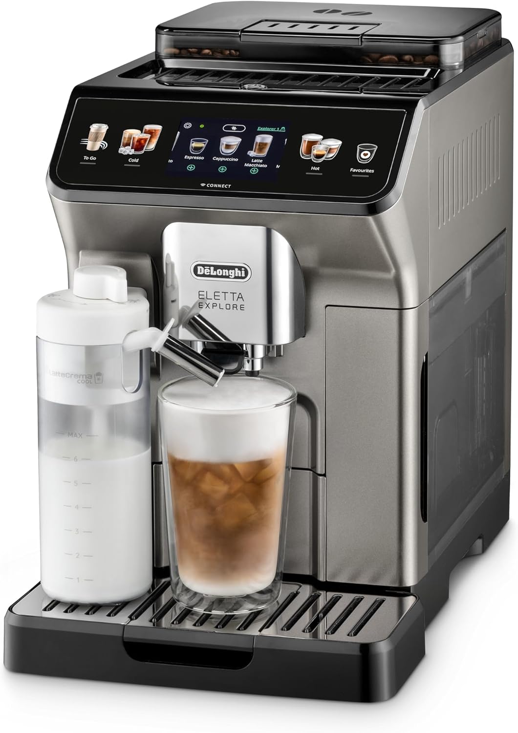 De'Longhi Eletta Explore Coffee Maker Bean To Cup Espresso Machine, +50 Hot & Cold Drinks , 1450 Watt - ECAM450.86.T
