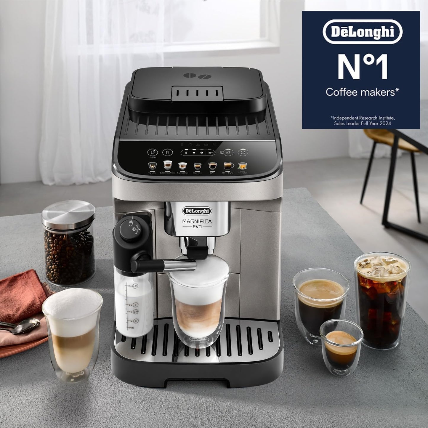 Delonghi- Magnifica EVO Bean to Cup Fully Automatic Coffee Machine, Traditional Milk Frother, Built In Grinder, ECAM290.81.TB, Titanium & Black,