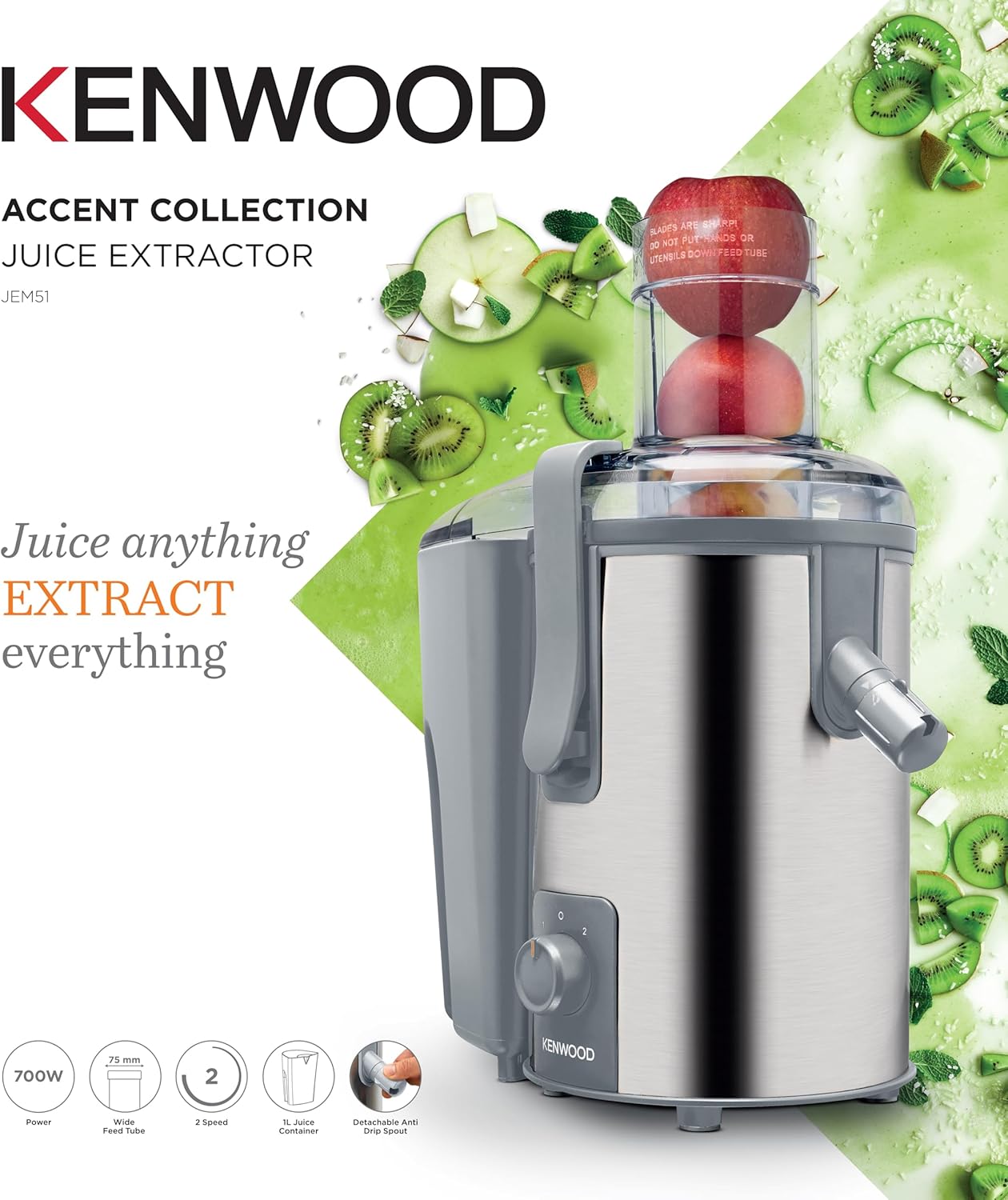 Kenwood Juice Extractor, 1.5 Liters, 700 Watt, Silver - JEM51.000GS
