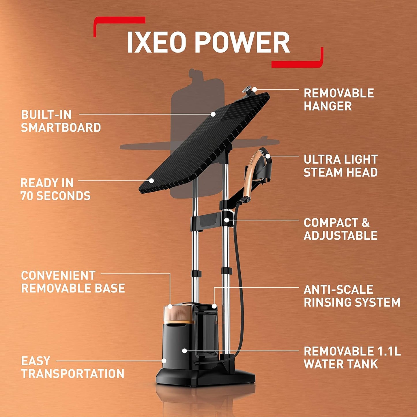 Tefal IXEO POWER Garment Steamer , 1.1 Liter , 2170 Watt , Black Gold - QT2020E0