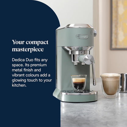 De'Longhi Dedica Duo EC890.GR, Barista Coffee Machine with Pump, Espresso and Cold Brew, Manual Machine with LatteArt Steam Rod, 15 cm Wide, 2 Espresso, Touch Screen, Cup up to 13 cm 1 L 1450 W EC890.GR Green