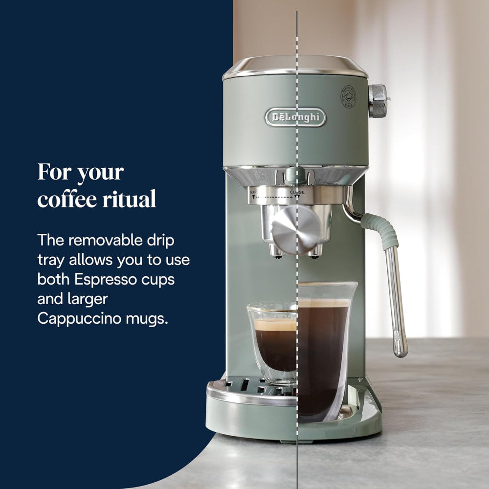 De'Longhi Dedica Duo EC890.GR, Barista Coffee Machine with Pump, Espresso and Cold Brew, Manual Machine with LatteArt Steam Rod, 15 cm Wide, 2 Espresso, Touch Screen, Cup up to 13 cm 1 L 1450 W EC890.GR Green
