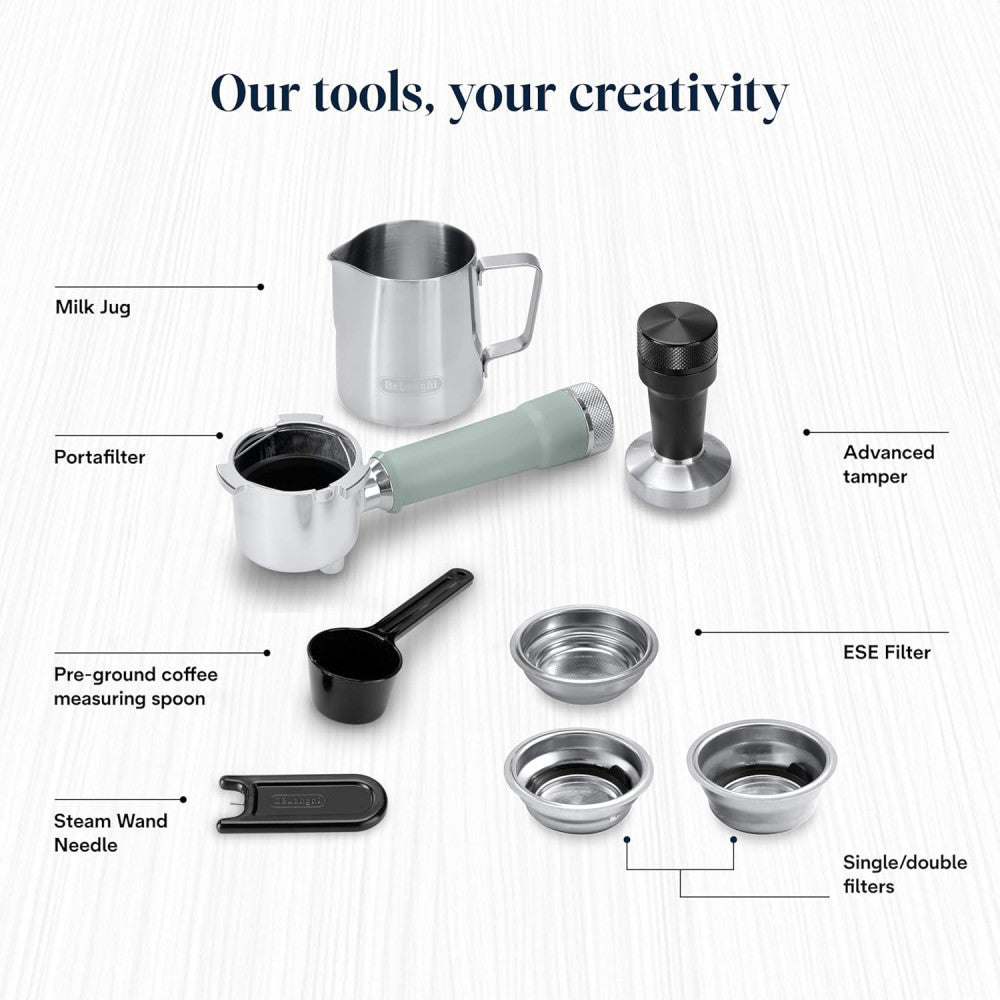 De'Longhi Dedica Duo EC890.GR, Barista Coffee Machine with Pump, Espresso and Cold Brew, Manual Machine with LatteArt Steam Rod, 15 cm Wide, 2 Espresso, Touch Screen, Cup up to 13 cm 1 L 1450 W EC890.GR Green