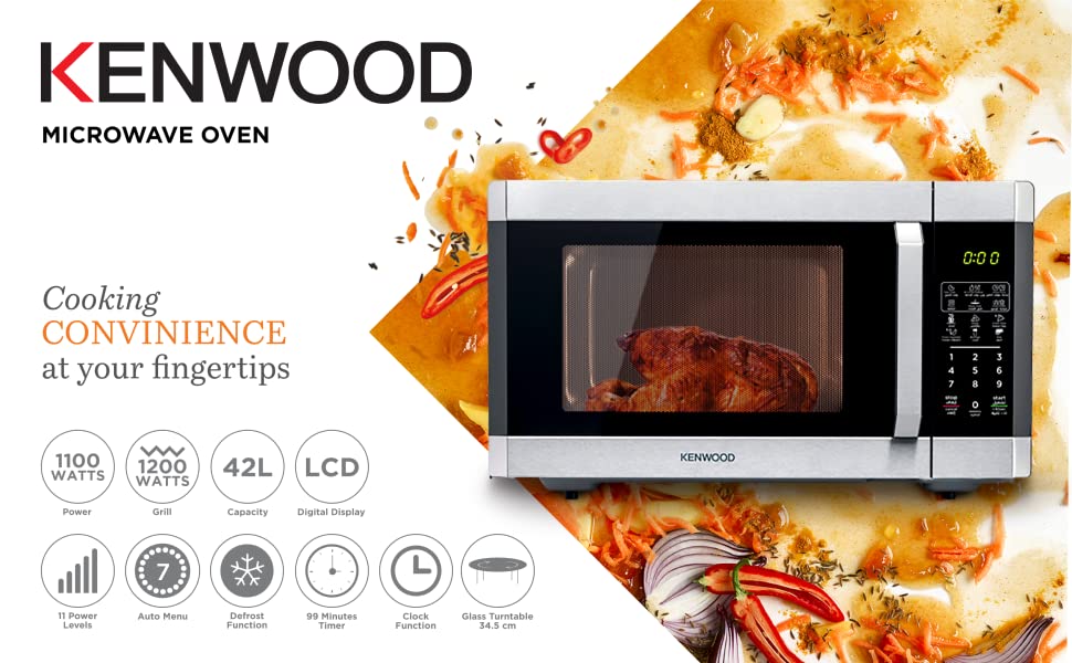 KENWOOD 42L Microwave Oven with Grill, Digital Display, 5 Power Levels, Defrost Function, Stainless Steel, Clock Function 1100W MWM42.000BK